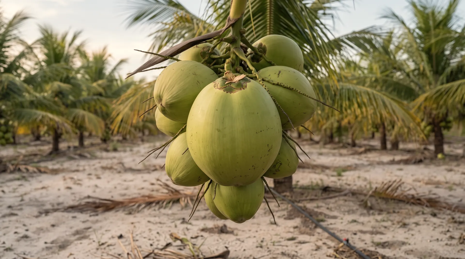 Cacho de cocos verdes na altura do peito, entre coqueiros anões, visto de cima.