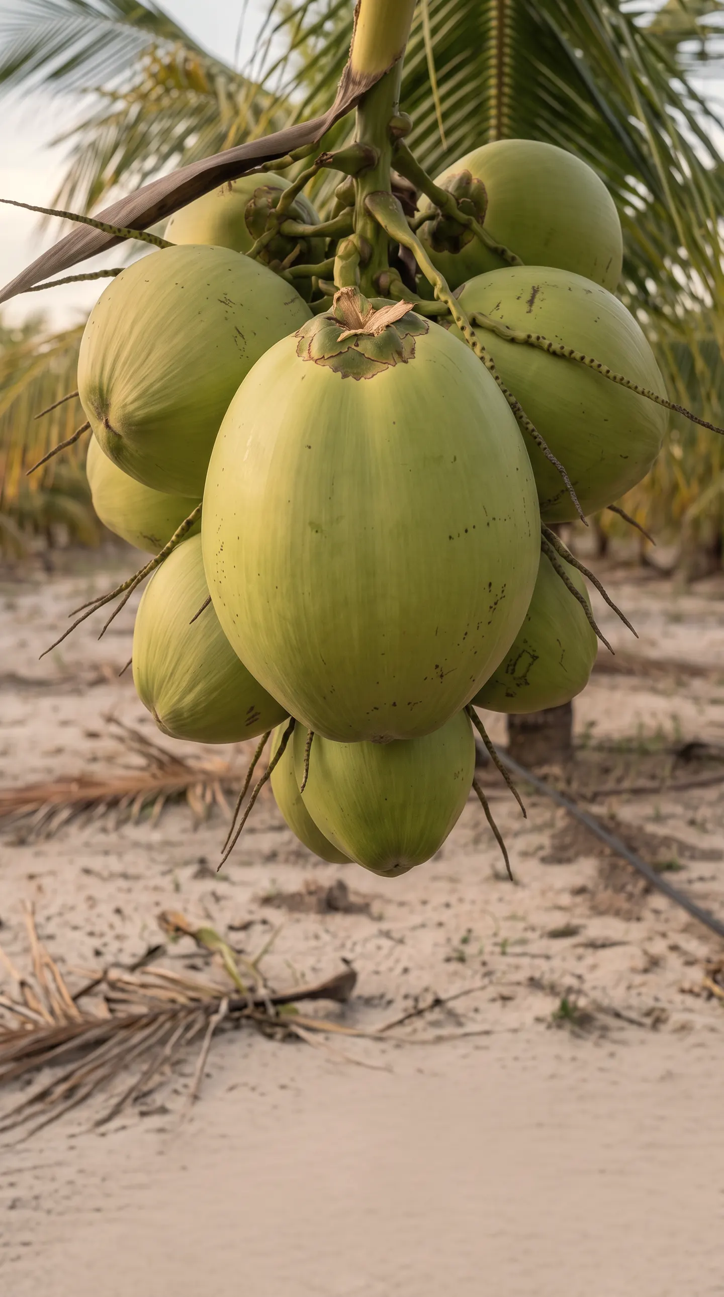 Cacho de cocos verdes na altura do peito, entre coqueiros anões, visto de cima.