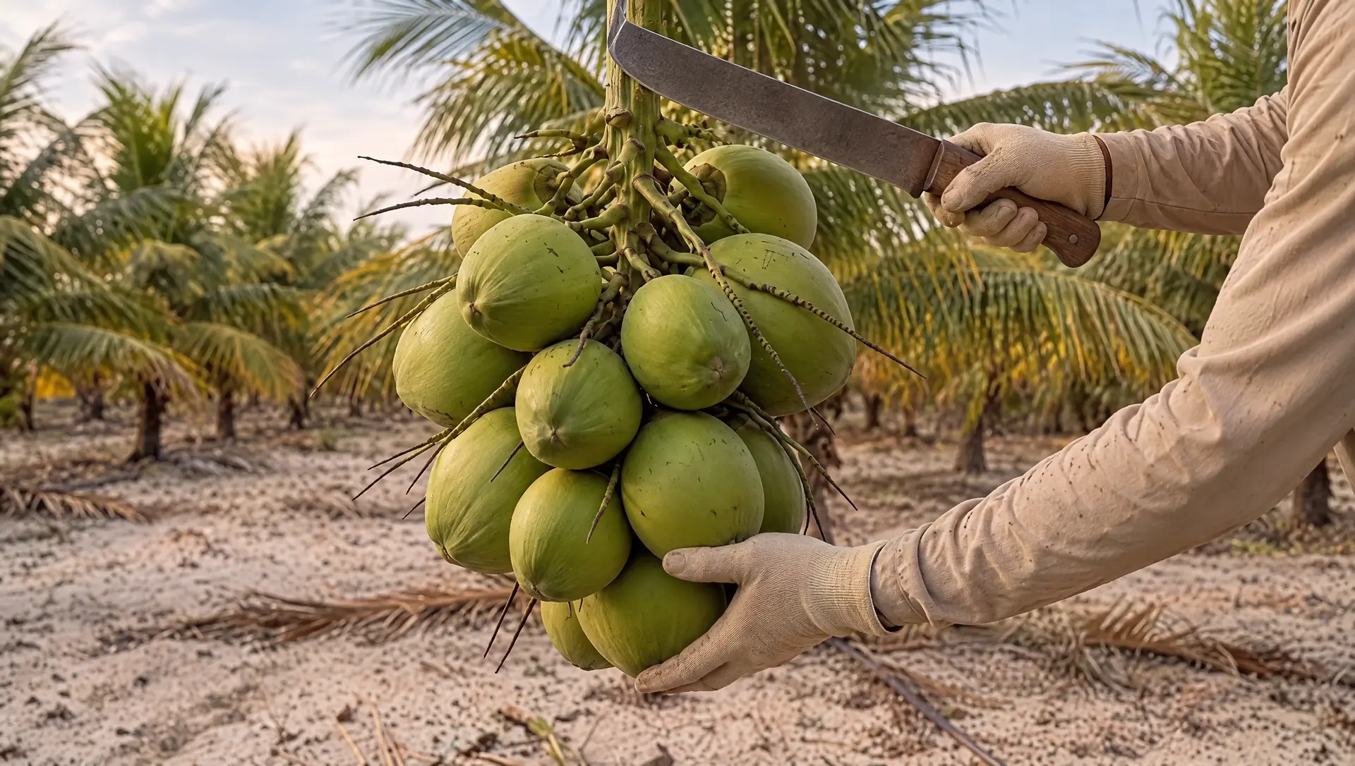 Uma mão enluvada apoia o cacho de cocos verdes enquanto a outra encosta o facão no pedúnculo, entre coqueiros anões.