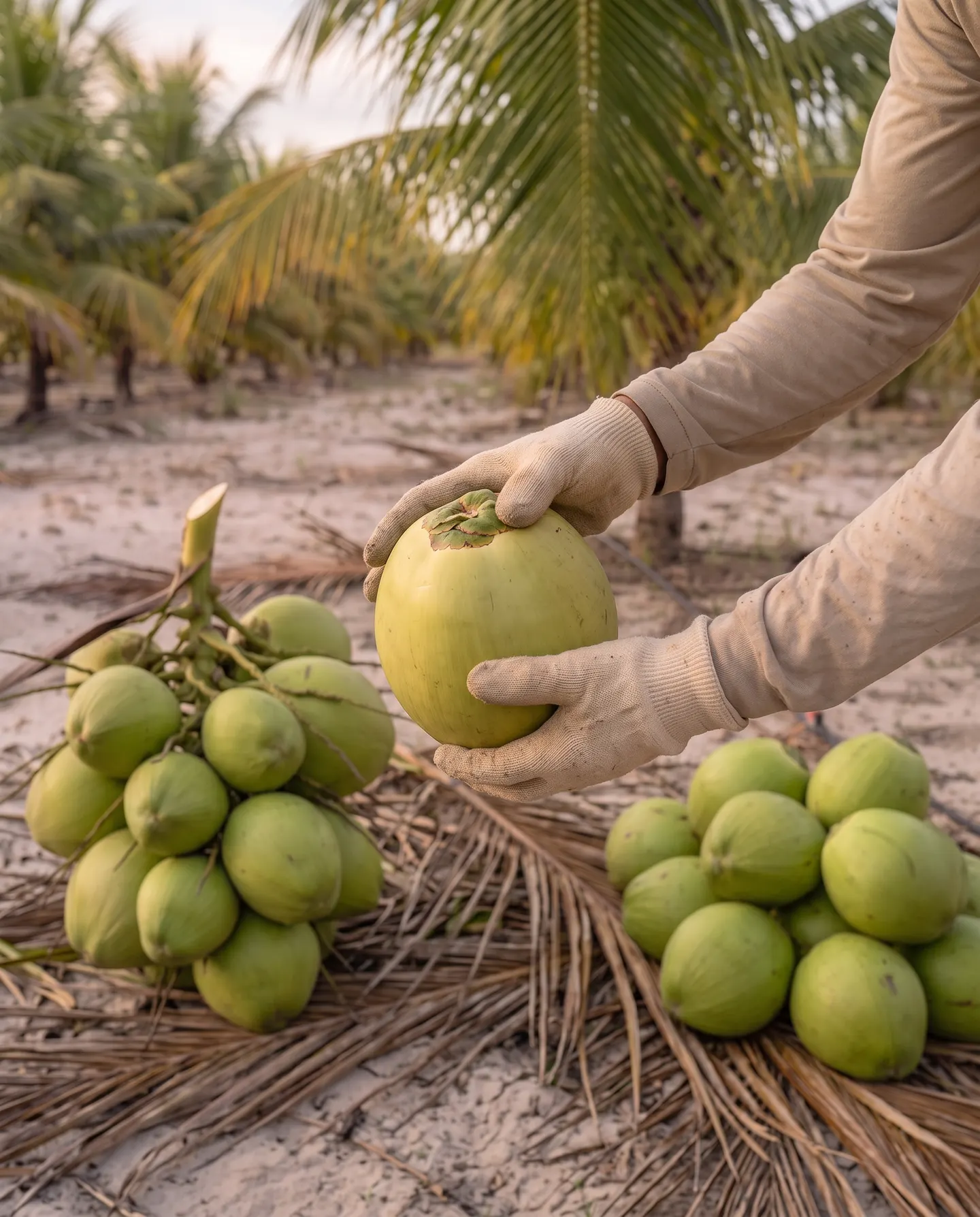 Cocos verdes dispostos à sombra sobre palha, separados por tamanho para a seleção.