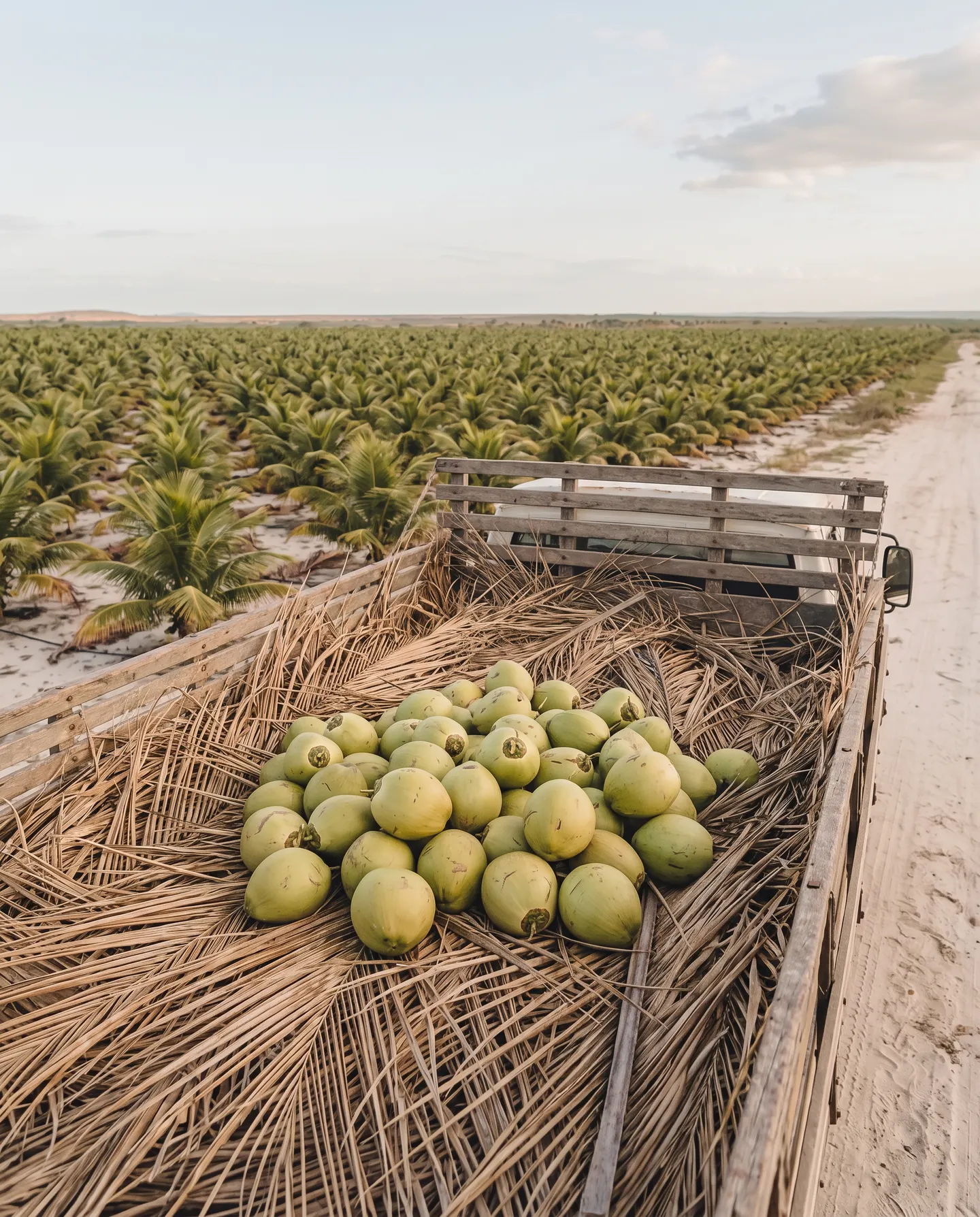 Caçamba de caminhão forrada com palha seca, carregada de cocos verdes.
