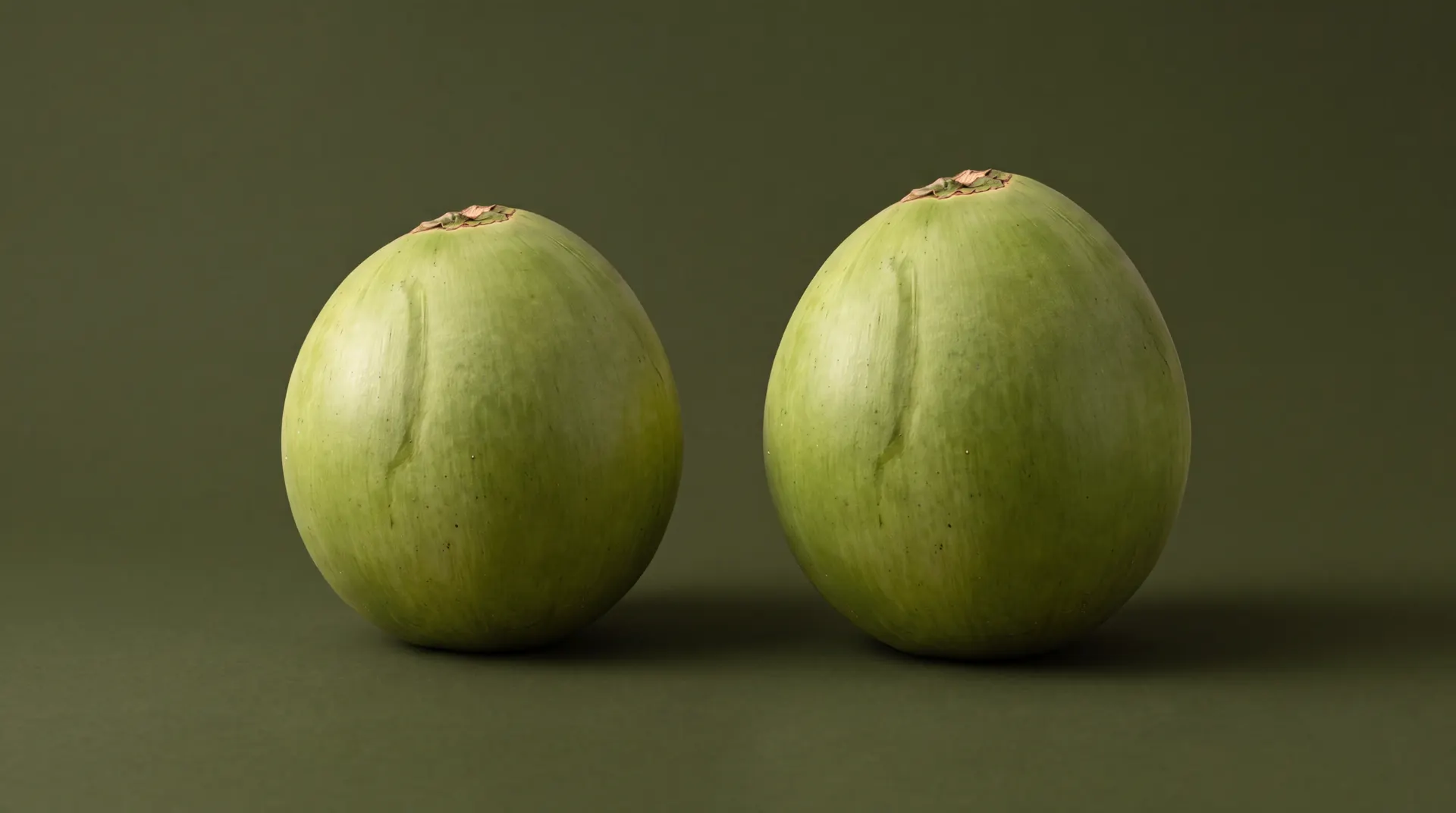 Coco verde e coco maduro lado a lado, sobre fundo verde-oliva escuro.