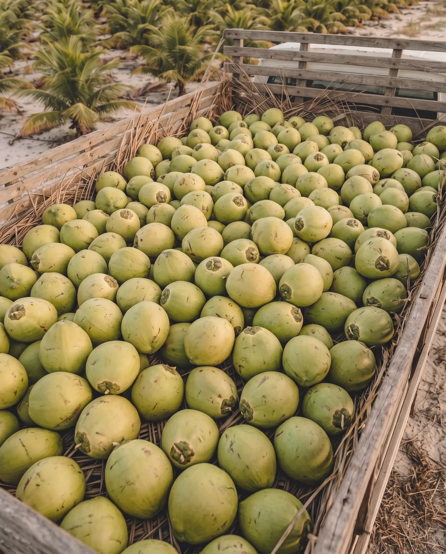 Caçamba de caminhão forrada com palha, carregada de cocos verdes a granel.