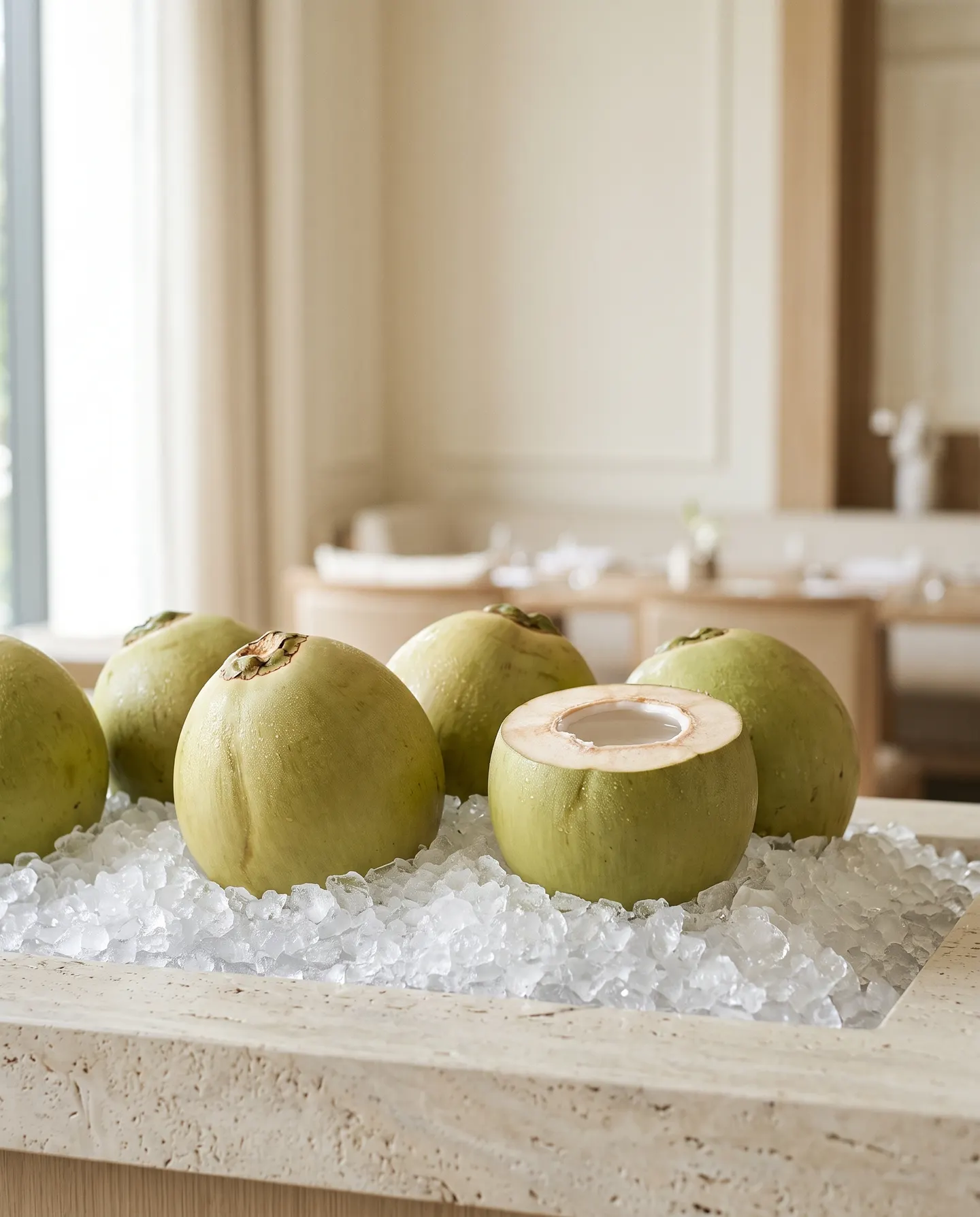 Sacos de ráfia cheios de cocos verdes, empilhados à sombra.