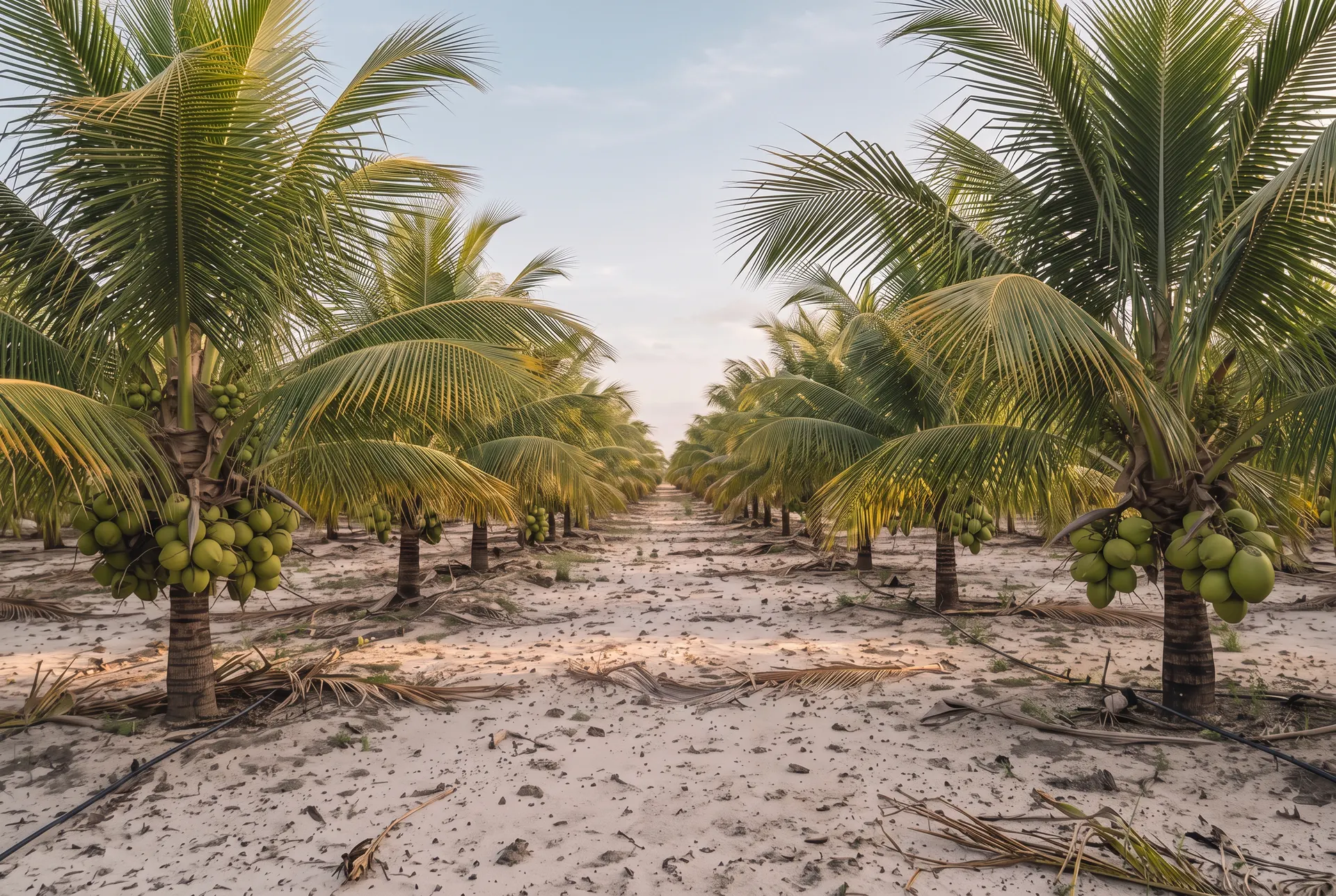 Corredor entre duas fileiras de coqueiros anões, com chão de areia clara e palha seca.