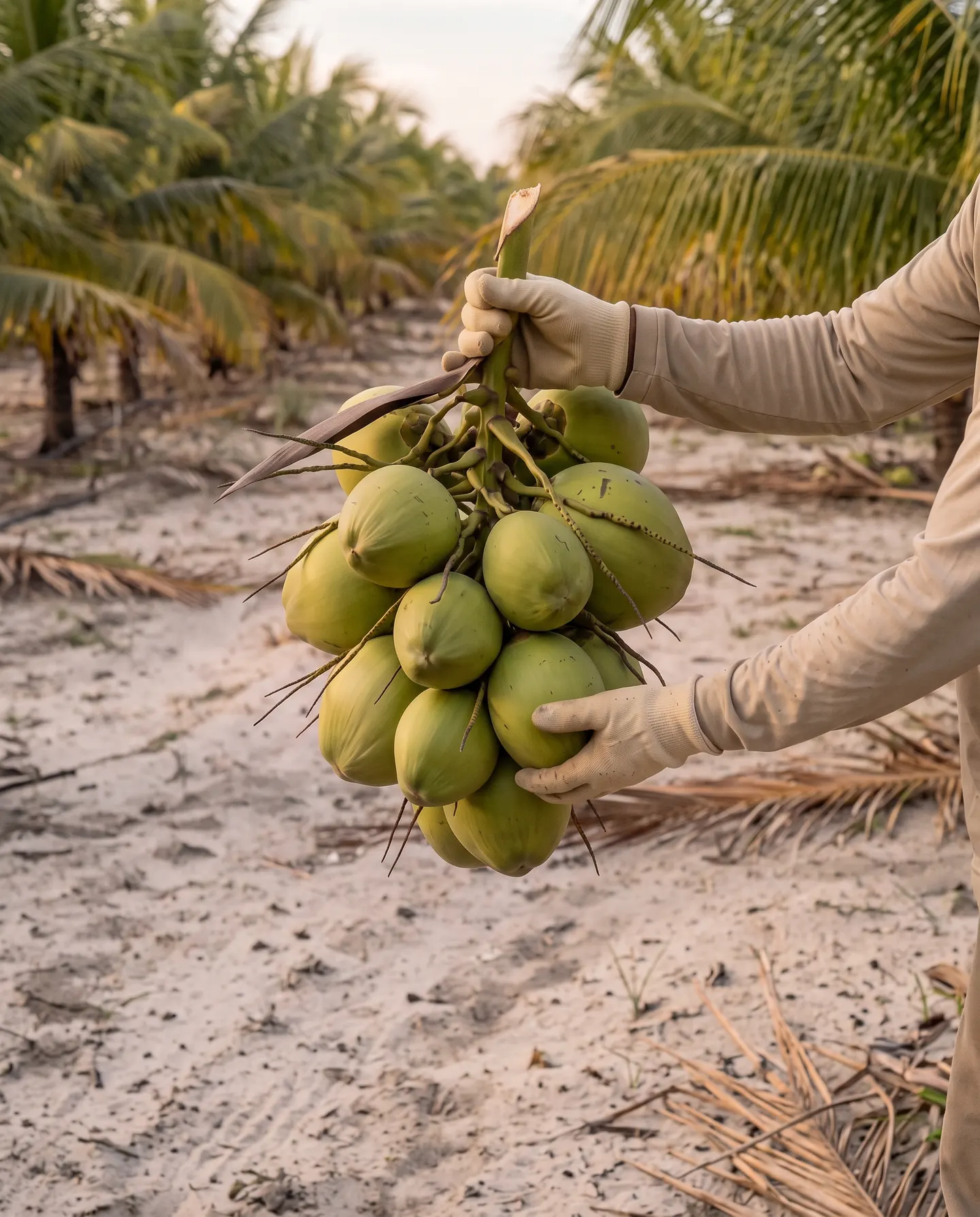 Mãos apoiando um cacho de cocos verdes logo após o corte.