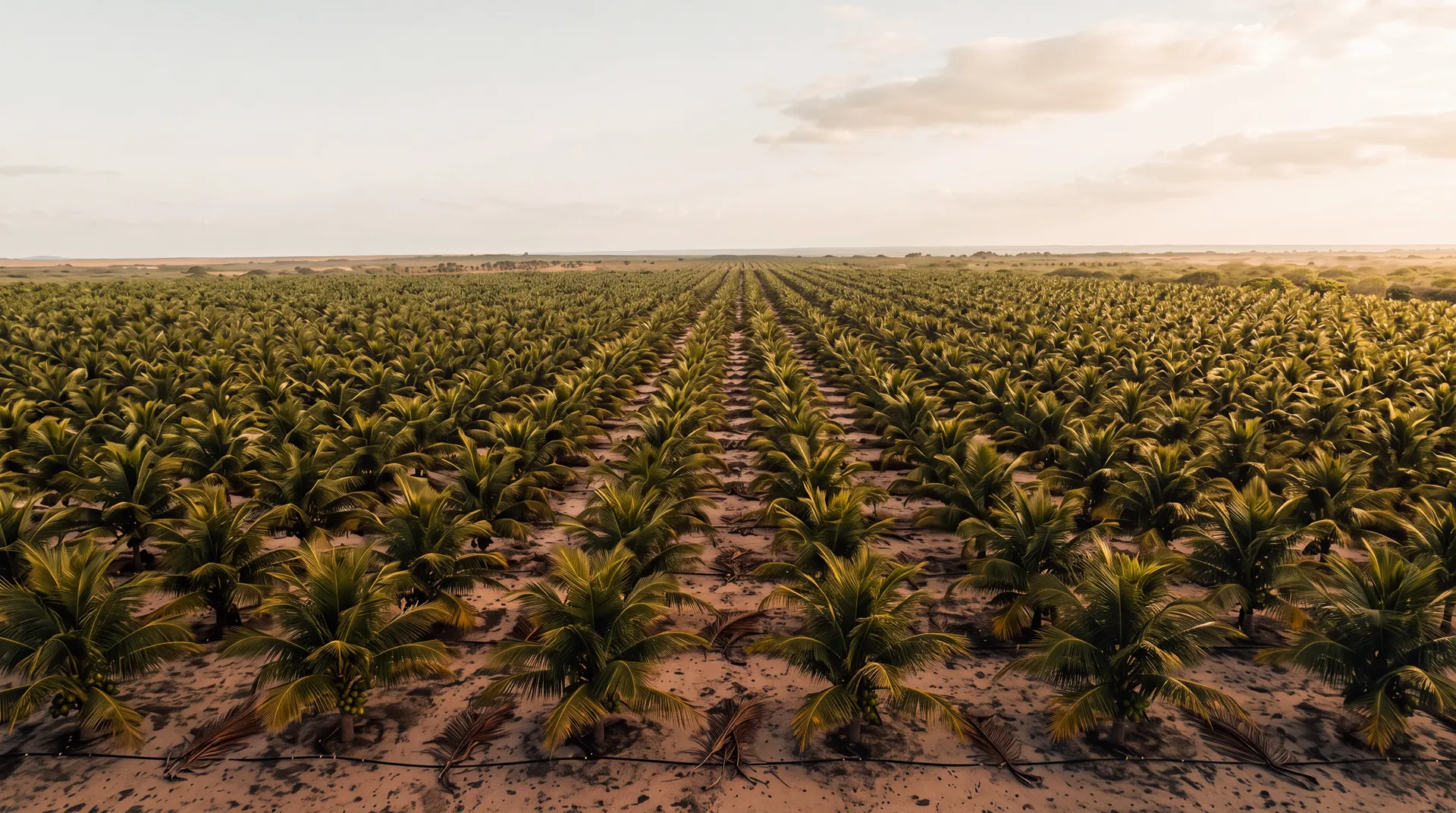 Vista aérea da plantação de coqueiros anões, com fileiras regulares até o horizonte.