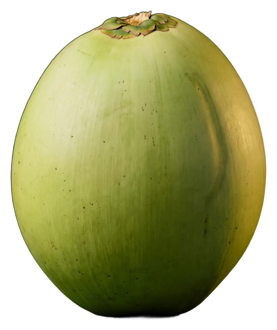 Coco maduro inteiro sobre fundo verde-oliva escuro, ligeiramente maior, com casca verde-clara fosca e cálice marrom.